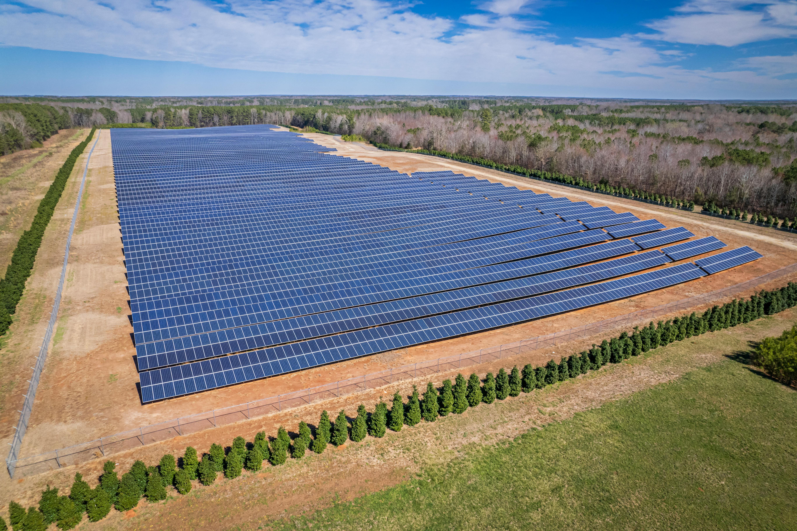 Aerial view of a utility-scale solar PV farm